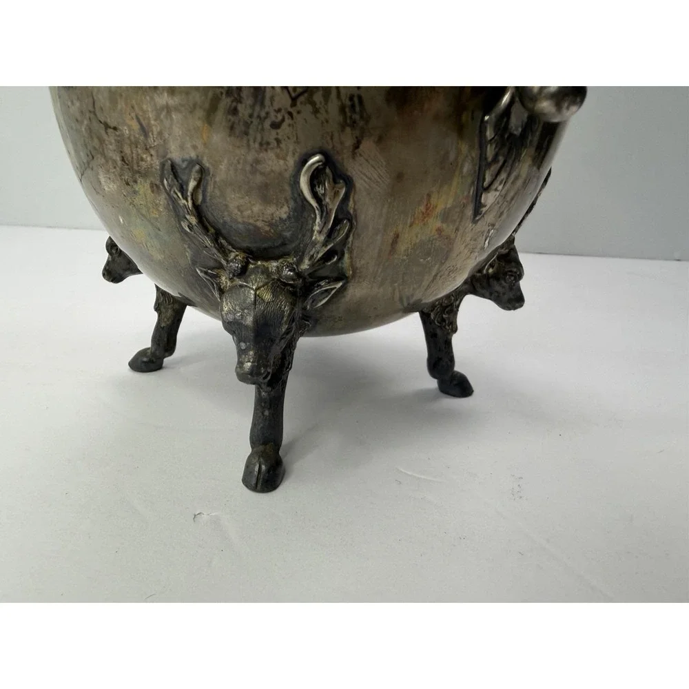 Antique Simpson‎ Hall Miller Sphinx Deer Heads Silver Plate Teapot 1880 Engraved